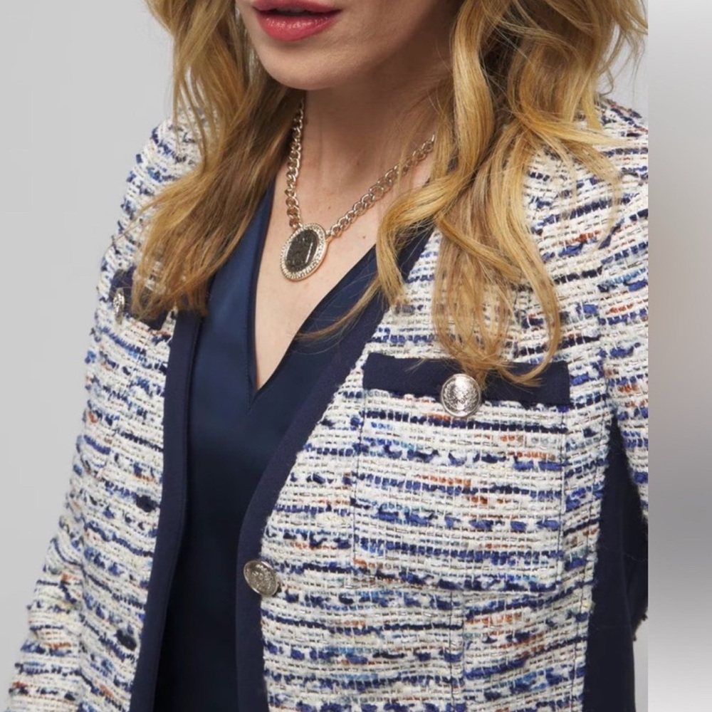 WHBM Women's Blue and White Tweed Jacket, size 8, subtle gold metallic thread